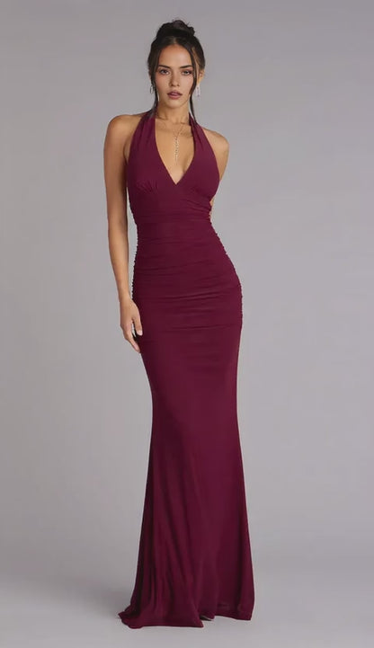 Gorgeous Halter Neck Ruched Lace-Up Back Mermaid Floor-Length Maxi Dress Prom Dress