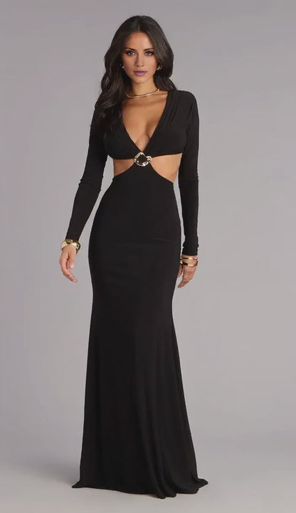 Gorgeous Long Sleeve Plunge V-Neck Cutout Backless Mermaid Maxi Dress Prom Dress