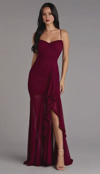 Gorgeous Spaghetti Strap Ruched Ruffled High Slit Mermaid Maxi Dress Prom Dress