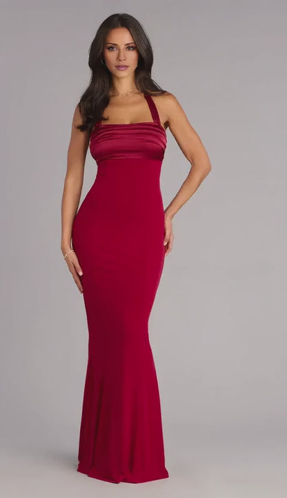 Gorgeous for women Halter Neck Ruched Satin Mermaid Maxi Dress Prom Dress