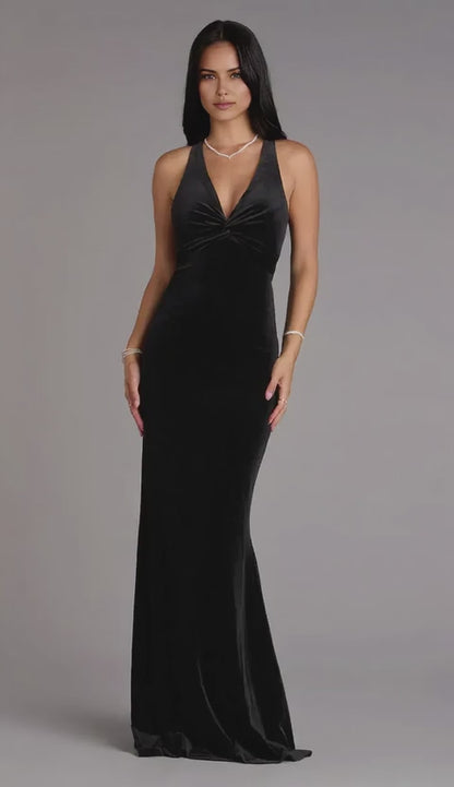 Gorgeous Plunge V-Neck Open Back Velvet Mermaid Floor-Length Maxi Dress Prom Dress