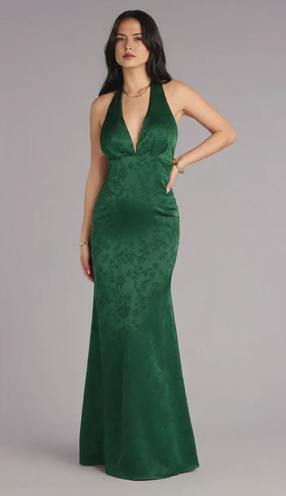 Gorgeous Plunge Neck Halter Floral Jacquard Mermaid Floor-Length Maxi Dress Prom Dress