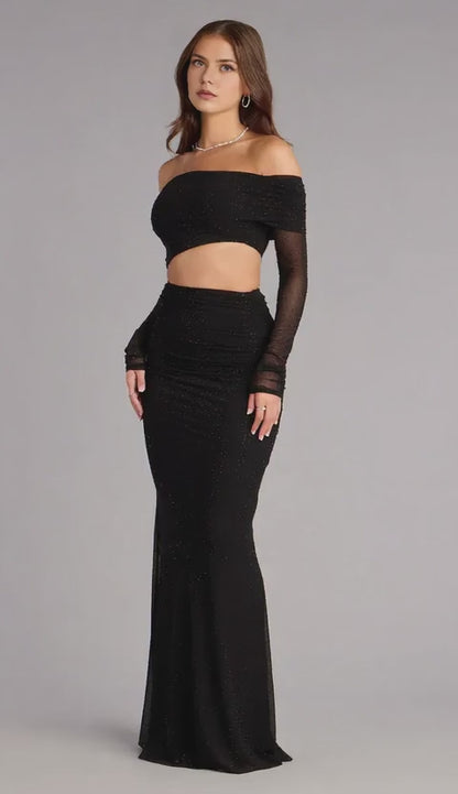 Gorgeous Off-Shoulder Mesh Sleeve Two-Piece Mermaid Maxi Dress Prom Dress