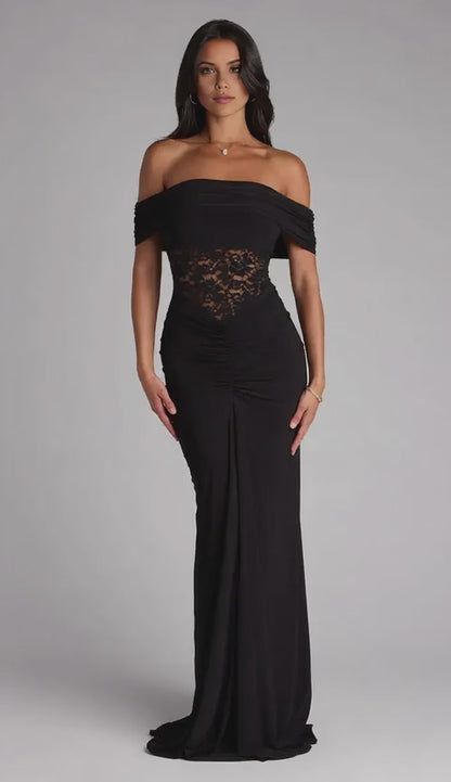 Gorgeous Off-Shoulder Lace-Insert Ruched Mermaid Floor-Length Maxi Dress Prom Dress