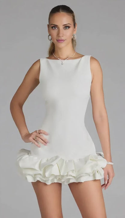Gorgeous Sleeveless Boat Neck Ruffled Hem Mini Dress Prom Dress