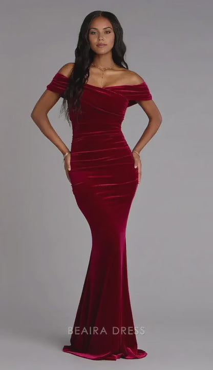 Gorgeous Off-Shoulder Ruched Velvet Mermaid Floor-Length Maxi Dress Prom Dress