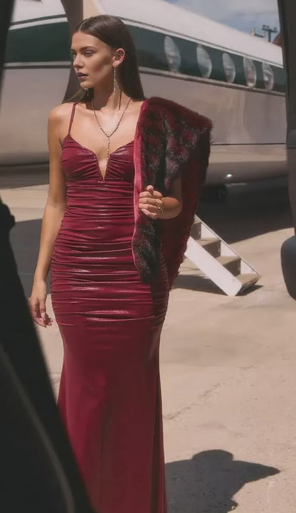 Gorgeous Plunge Neck Ruched Metallic Mermaid Floor-Length Maxi Dress Prom Dress