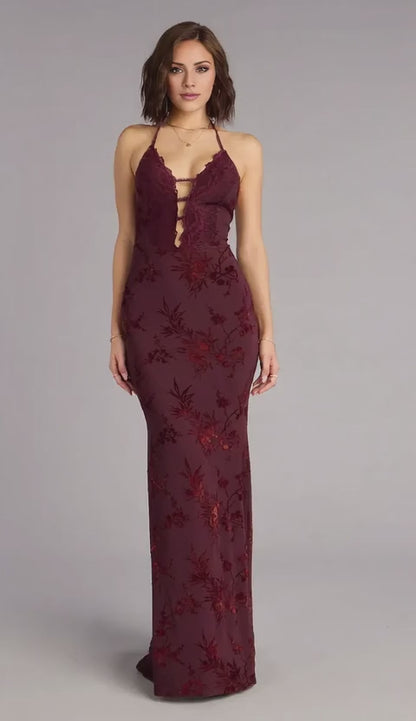 Gorgeous Halter Neck Lace-Up Back Velvet Floral Mermaid Maxi Dress Prom Dress