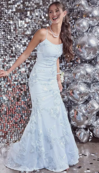 Gorgeous Spaghetti Strap Lace-Up Back Floral Embroidered Mermaid Maxi Dress Prom Dress