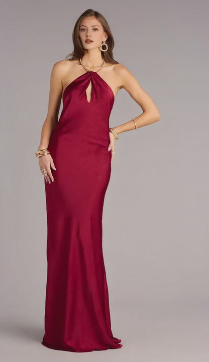 Gorgeous Halter Neck Open Back Satin Mermaid Floor-Length Maxi Dress Prom Dress