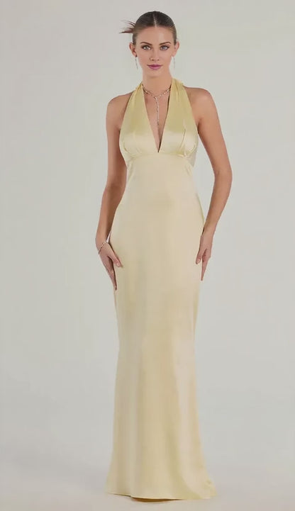 Gorgeous Halter Neck Tie Back Satin Mermaid Floor-Length Maxi Dress Prom Dress