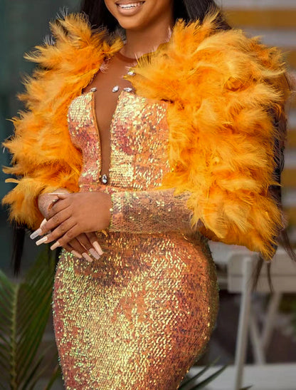 Mermaid / Trumpet Evening Gown Sparkle & Shine Dress Carnival Christmas Floor Length Long Sleeve V Neck Sequined with Feather Crystals