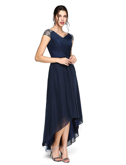 Sheath / Column Minimalist Dress Wedding Guest Prom Asymmetrical Short Sleeve V Neck Bridesmaid Dress Tulle V Back with Criss Cross Pleats Beading