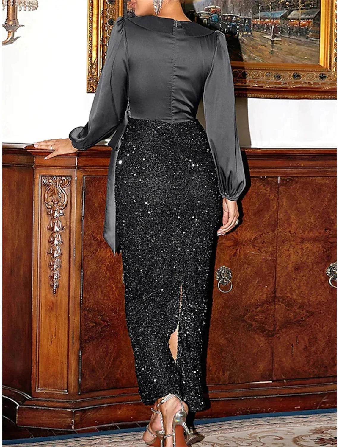 Mermaid / Trumpet Wedding Guest Dresses Sparkle & Shine Dress Wedding Party Semi Formal Ankle Length Long Sleeve V Neck Sequined with Sequin Slit Strappy