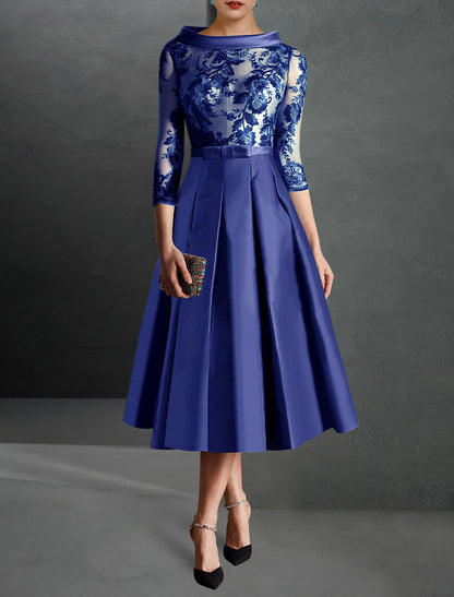 A-Line Cocktail Dress Red Green Dresses Formal Kentucky Derby Tea Length 3/4 Length Sleeve Jewel Neck Fall Wedding Guest Satin with Pleats Appliques