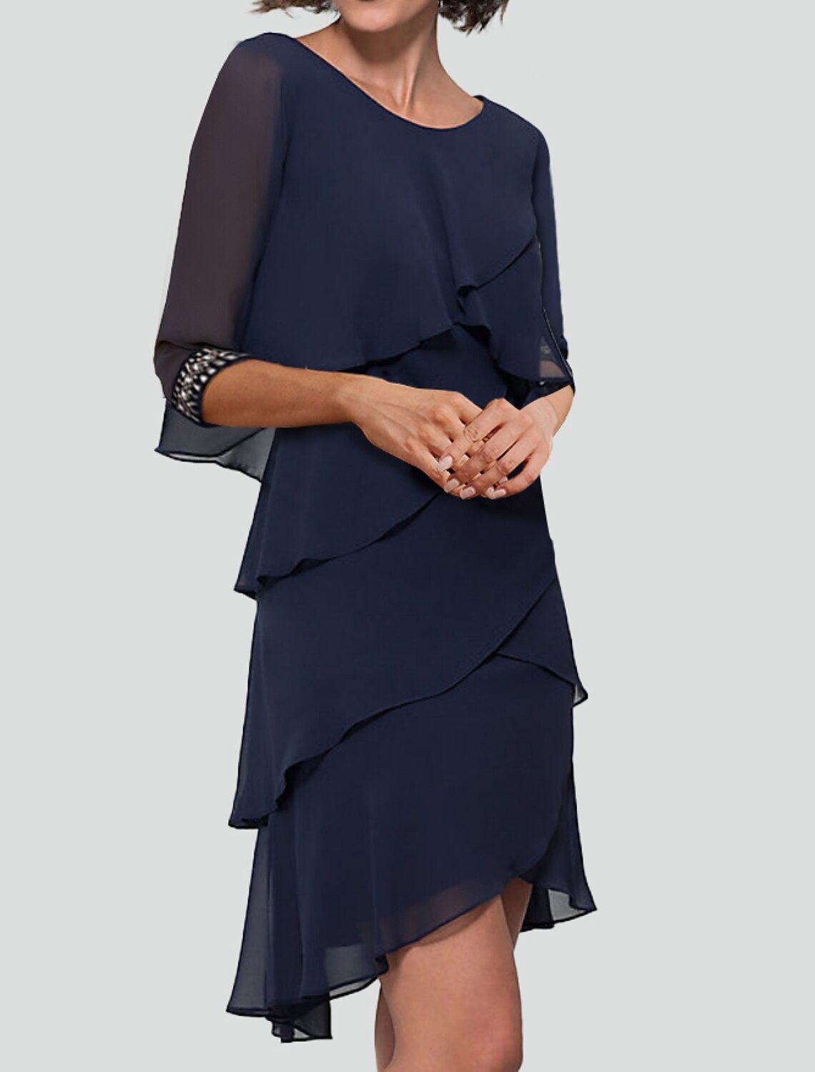 Sheath Party Dress Cocktail Dresses Tiered Plisse Dress Semi Formal Knee Length Half Sleeve Jewel Neck Fall Wedding Guest Chiffon with Rhinestone Ruffles