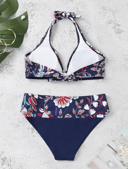 Women's Swimwear Bikini 2 Piece Swimsuit Halter 2 Piece Open Back Sexy Floral V Wire Tropical Sexy Bathing Suits
