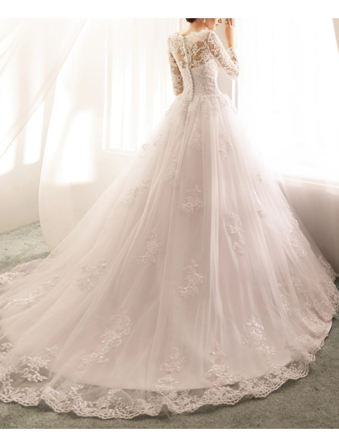 Engagement Formal Fall Wedding Dresses Ball Gown Illusion Neck Long Sleeve Court Train Lace Bridal Gowns With Appliques