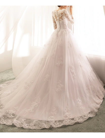 Engagement Formal Fall Wedding Dresses Ball Gown Illusion Neck Long Sleeve Court Train Lace Bridal Gowns With Appliques