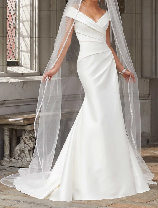 Engagement Formal Wedding Dresses Mermaid / Trumpet Off Shoulder Cap Sleeve Chapel Train Satin Bridal Gowns With Ruched Draping