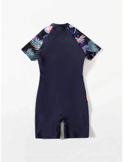 Women's Normal Swimwear Rash Guard Diving Bathing Suits Swimsuit Zipper UV Protection Modest Swimwear Tummy Control Printing Leaf Scoop Neck Vacation Stylish Bathing Suits