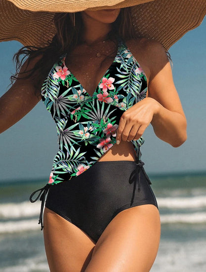 Women's Swimwear Tankini 2 Piece Normal Swimsuit High Waisted Floral Print Leaves Leaf Floral Green Blue Padded V Wire Bathing Suits Sports Vacation Sexy / New