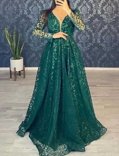 A-Line Evening Gown Elegant Dress Formal Wedding Guest Floor Length Long Sleeve V Neck Lace with Appliques