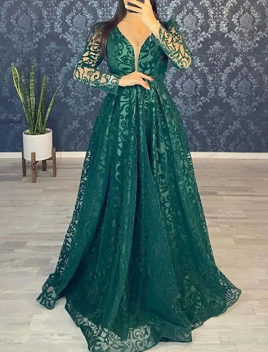 A-Line Evening Gown Elegant Dress Formal Wedding Guest Floor Length Long Sleeve V Neck Lace with Appliques