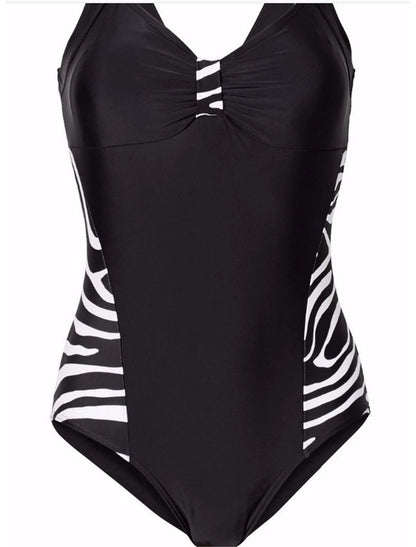 Women's Plus Size Swimwear One Piece Monokini Swimsuit Modest Swimwear Tummy Control Open Back Printing for Big Busts Zebra Print V Wire Stylish Holiday Bathing Suits