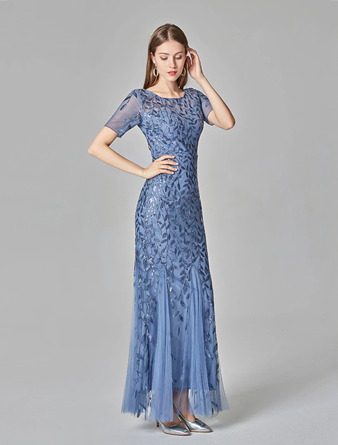 Mermaid / Trumpet Evening Gown Empire Dress Prom Formal Evening Floor Length Short Sleeve Jewel Neck Fall Wedding Guest Tulle with Embroidery