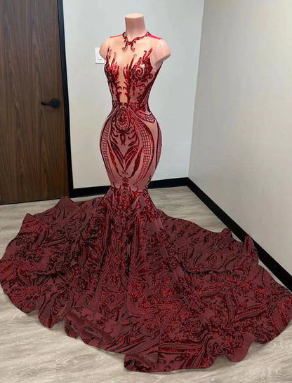 Mermaid Black Dress Plus Size Evening Gown Elegant Dress Carnival Formal Court Train Sleeveless Illusion Neck African American Sequined with Sequin