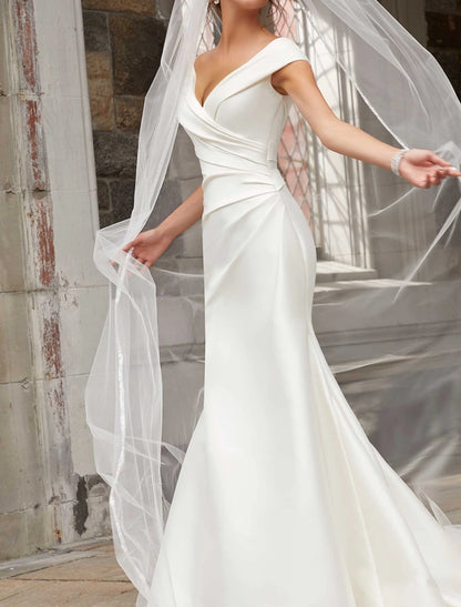 Engagement Formal Wedding Dresses Mermaid / Trumpet Off Shoulder Cap Sleeve Chapel Train Satin Bridal Gowns With Ruched Draping