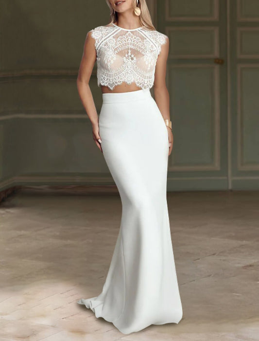 Beach Boho Wedding Dresses Separates Illusion Neck Sleeveless Separates Lace Bridal Tops Bridal Gowns With Appliques