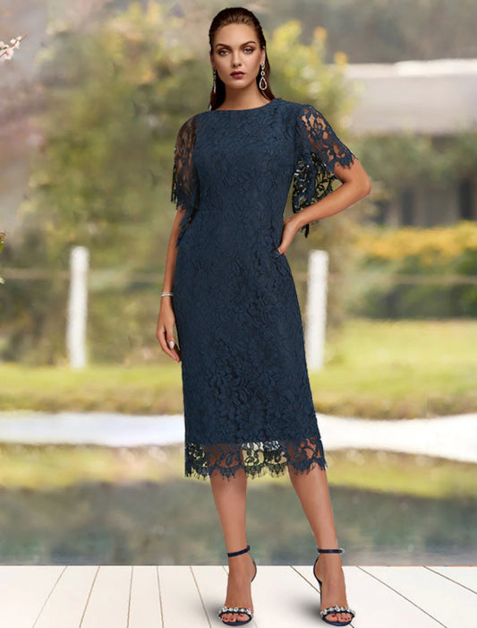 Sheath / Column Mother of the Bride Dress Wedding Guest Elegant Jewel Neck Tea Length Lace Short Sleeve with Solid