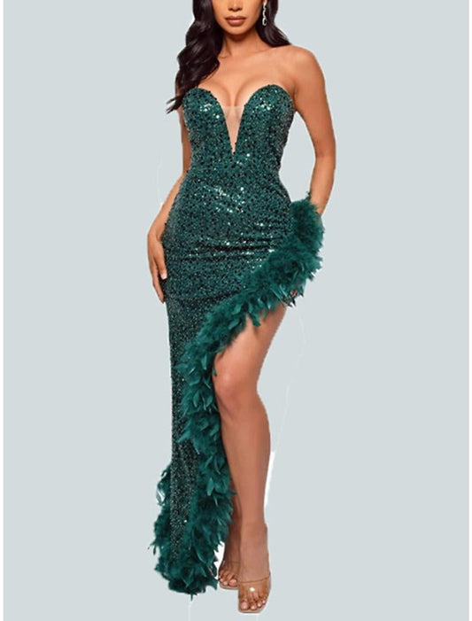 Mermaid / Trumpet Evening Gown Sparkle & Shine Dress Formal Wedding Guest Floor Length Sleeveless Strapless Sequined with Feather Sequin Slit