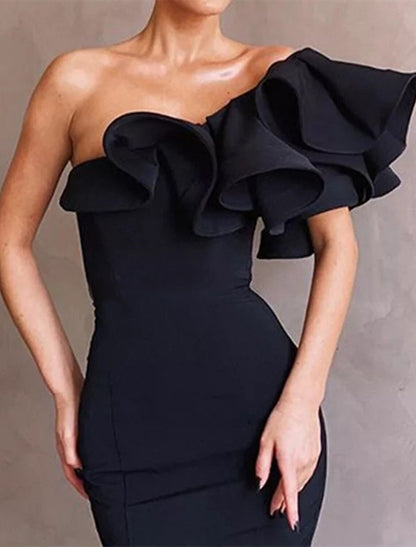 Mermaid Red Green Dress Evening Gown Celebrity Style Dress Formal Wedding Guest Floor Length Sleeveless One Shoulder Stretch Fabric with Ruffles