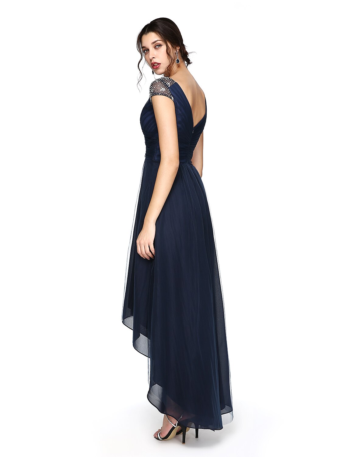 Sheath / Column Minimalist Dress Wedding Guest Prom Asymmetrical Short Sleeve V Neck Bridesmaid Dress Tulle V Back with Criss Cross Pleats Beading