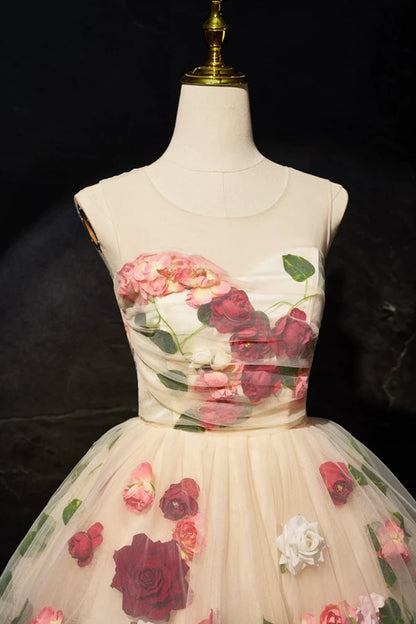 Cute Scoop Neck Short Prom Dress with Flowers Champagne A-Line Party Dress