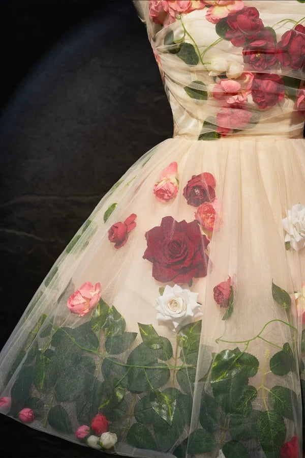 Cute Scoop Neck Short Prom Dress with Flowers Champagne A-Line Party Dress