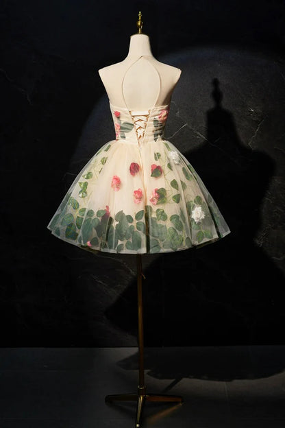 Cute Scoop Neck Short Prom Dress with Flowers Champagne A-Line Party Dress