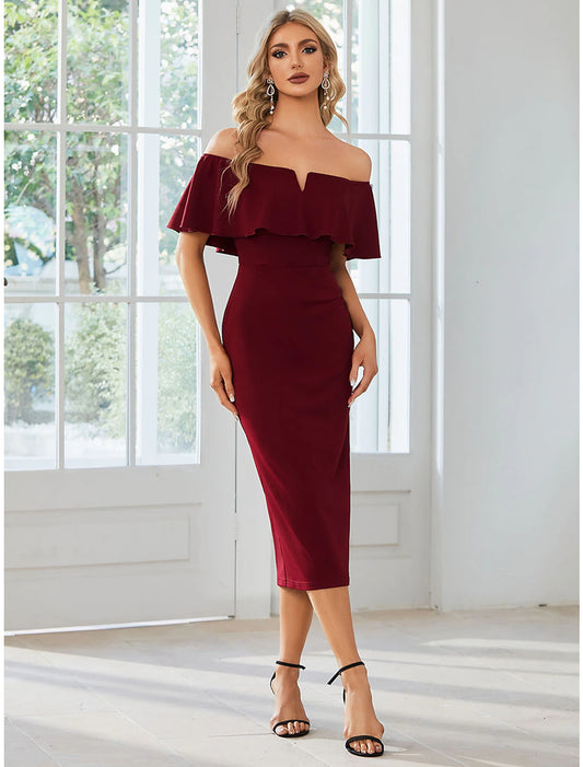 Sheath / Column Wedding Guest Dresses Minimalist Dress Party Wear Wedding Party Tea Length Short Sleeve Off Shoulder Bridesmaid Dress Stretch Fabric with Slit