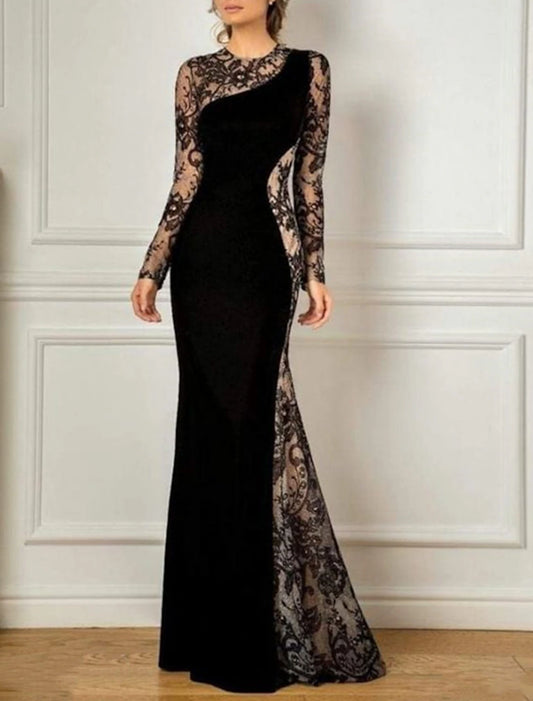Mermaid / Trumpet Mother of the Bride Dress Wedding Guest Elegant Party Jewel Neck Floor Length Lace Velvet Long Sleeve No with Appliques Color Block
