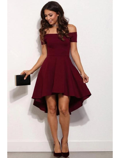 A-Line Fairy Cute Homecoming Party Dress Dress Off Shoulder Short Sleeve Short / Mini Stretch Satin with