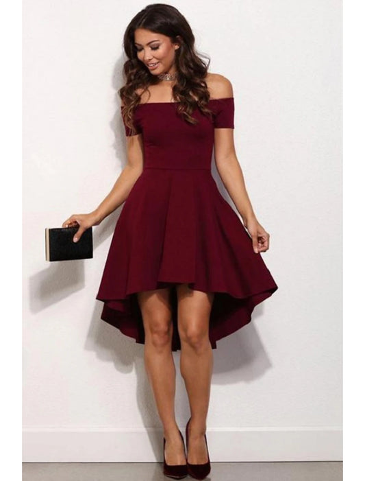 A-Line Fairy Cute Homecoming Party Dress Dress Off Shoulder Short Sleeve Short / Mini Stretch Satin with