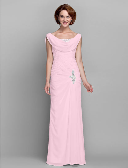 Sheath / Column Mother of the Bride Dress Fall Wedding Guest Dresses Vintage Inspired Cowl Neck Floor Length Chiffon Sleeveless with Buttons Criss Cross Crystals