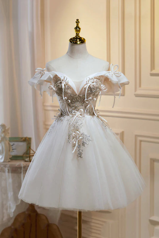 Cute Tulle Sequins Short Prom Dress Light Champagne Off Shoulder Party Dress