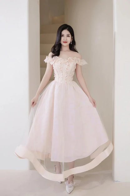 Pink Tulle Beaded Short Prom Dress Pink Off Shoulder Evening Party Dress