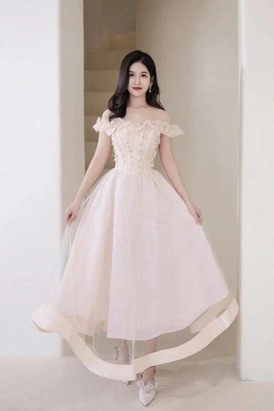 Pink Tulle Beaded Short Prom Dress Pink Off Shoulder Evening Party Dress