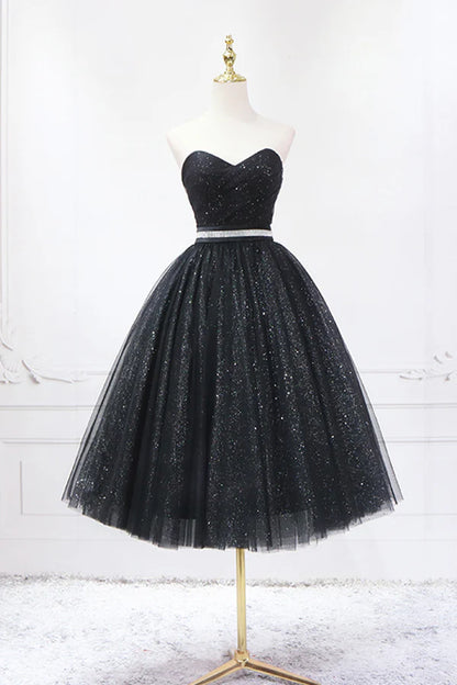 Black Strapless Shiny Tulle Tea Length Prom Dress Black A-Line Homecoming Dress