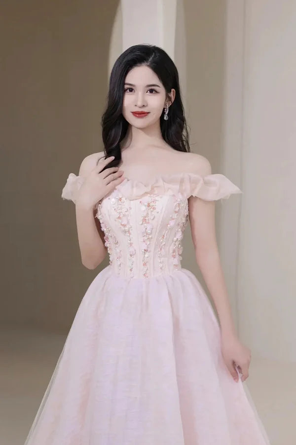 Pink Tulle Beaded Short Prom Dress Pink Off Shoulder Evening Party Dress